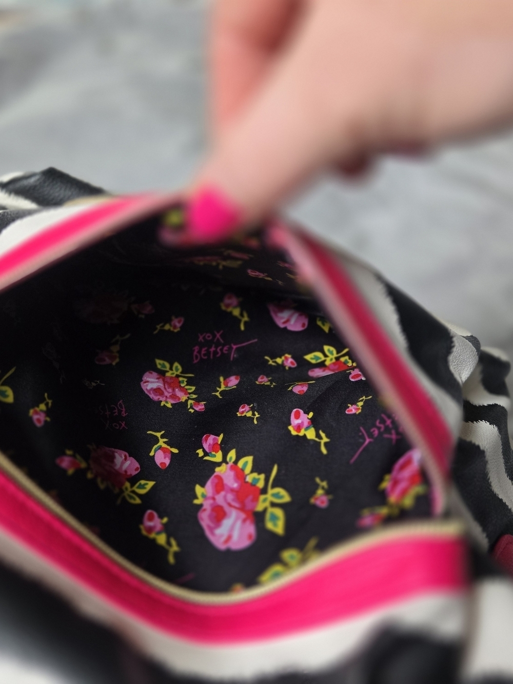 Betsey Johnson Rotary Phone Stripe Backpack with Hot Pink Trim Rose Interior - Picture 8 of 10